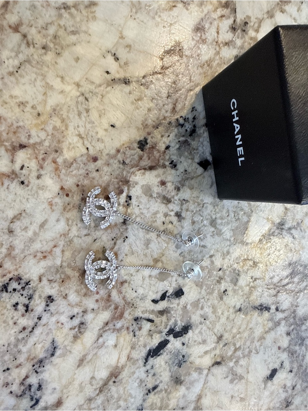 CHANEL Silver Crystal CC Drop Chain Earrings - Picture 3 of 4